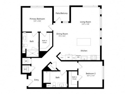 Floor plan for 2 beds, 2 baths, 1249 sqft
